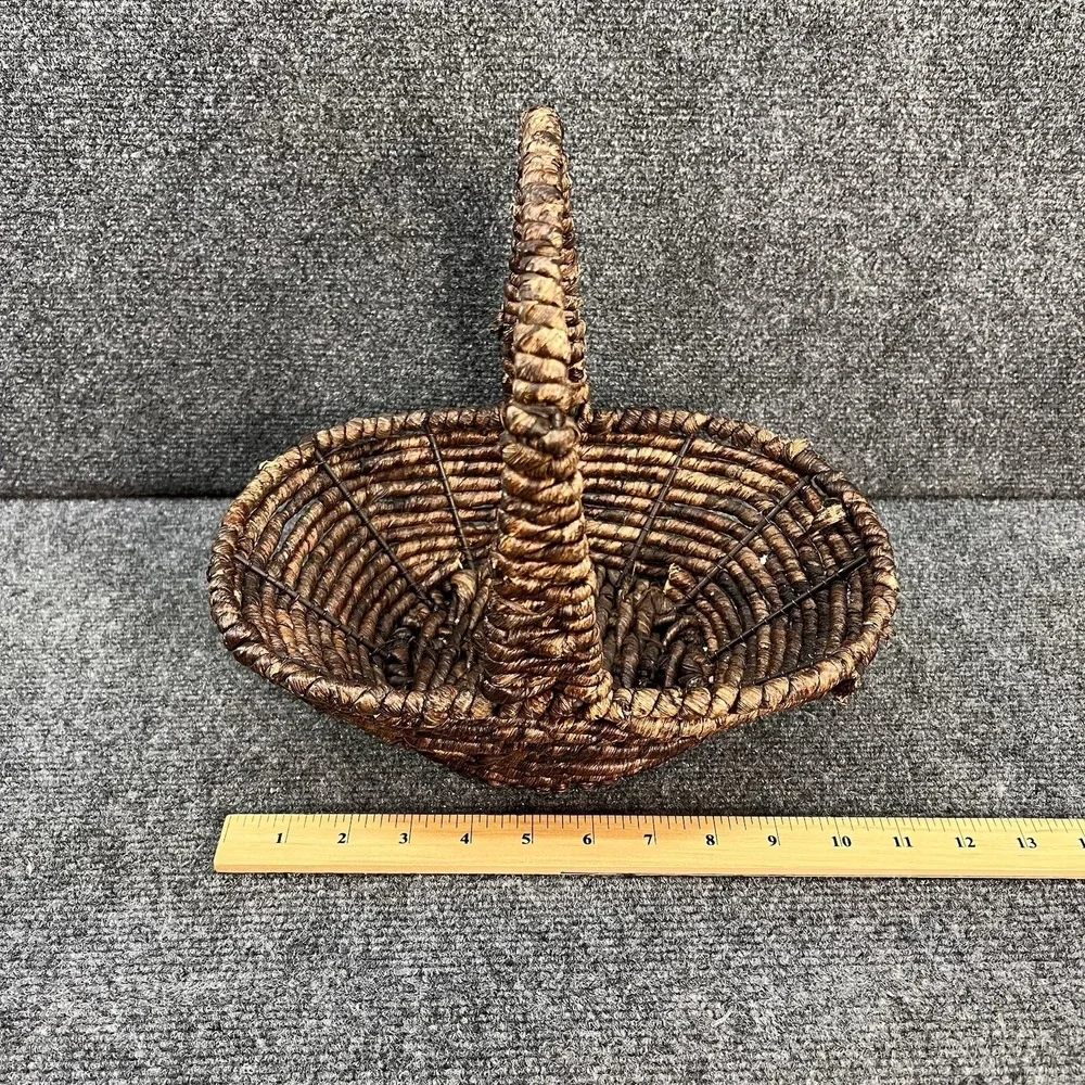 Dark Brown Woven Handled Oval Rustic Open Basket Heavy Cottagecore Boho Decor